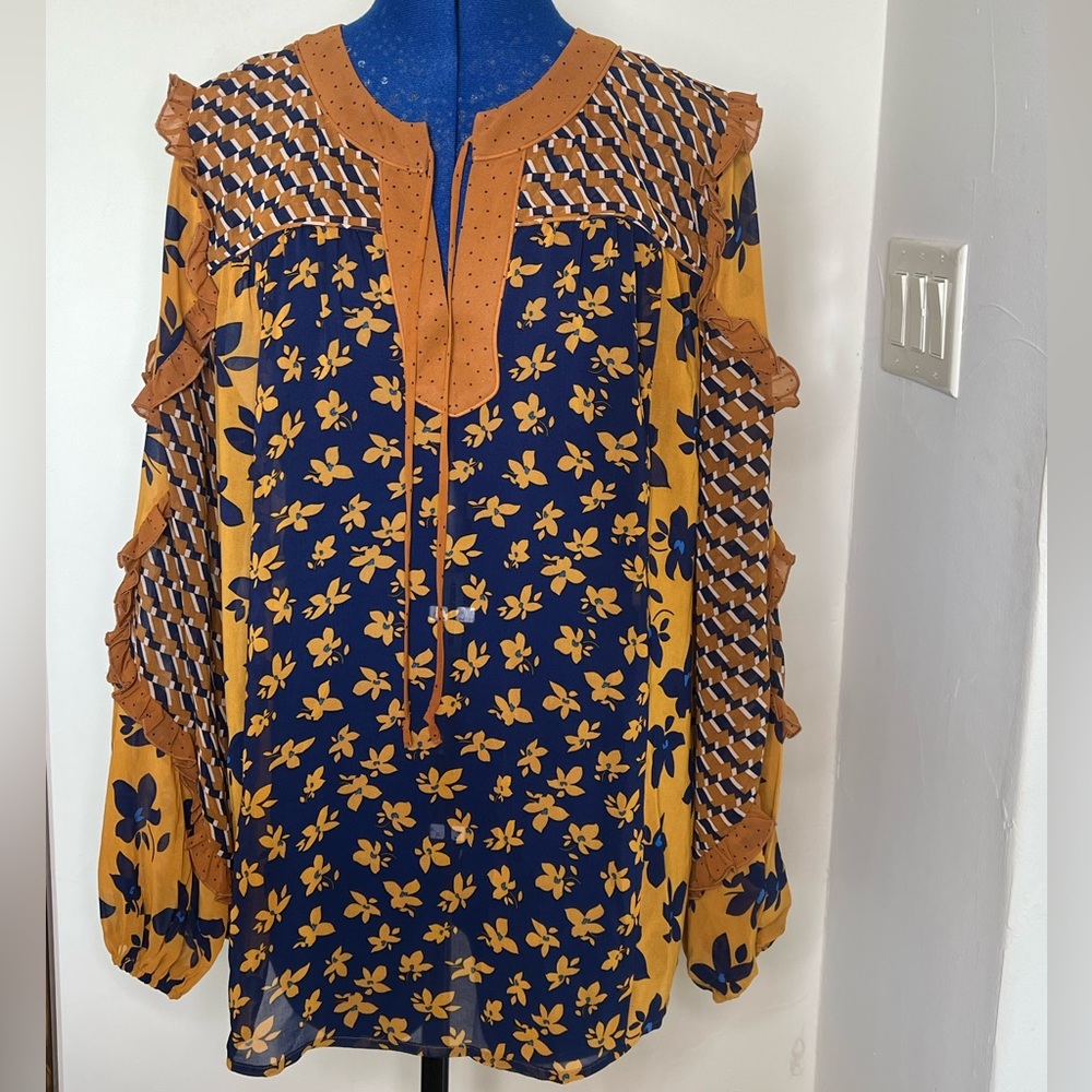 CAbi Blue and Yellow Ruffled Long Sleeve Blouse